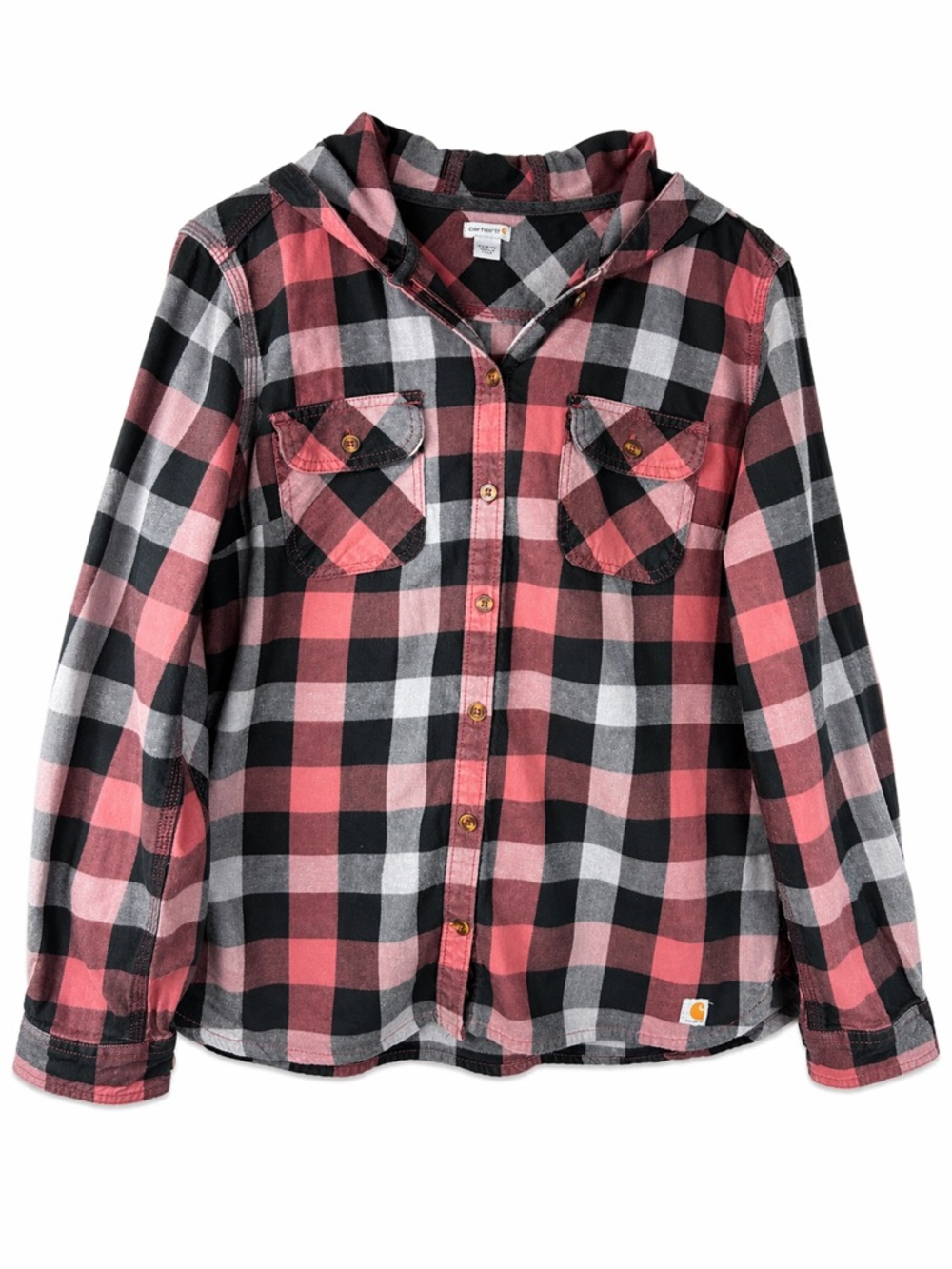 Carhartt Women’s Hooded Flannel Shirt Medium Pink Black Plaid Button Front